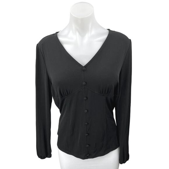 Tahari Black Long Sleeve V Neck Faux Button Up Corset Bustier Blouse Top Size L - Picture 1 of 4